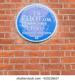 London, UK - April 17, 2016: A Plaque Showing The Kensington Residence Of Poet T.S Eliot