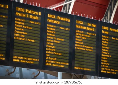 London, UK - April 17, 2018 - Departure Boards, Train Timetable At London Paddington Railway Station