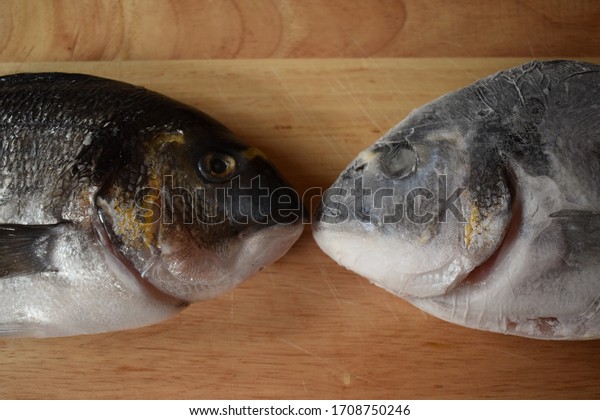 London, UK - April 18 2020: Mediterranean sea bream\
is part of the marine family Sparidae Relatively flat body is well\
known for high protein white meat Broad teeth suited for crushing\
crabs and clams