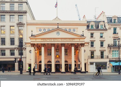 London, UK - April 2018: Theatre Royal Haymarket, A West End Theatre And The Third-oldest London Playhouse Still In Use Since 1720, Located On Haymarket Street In The City Of Westminster