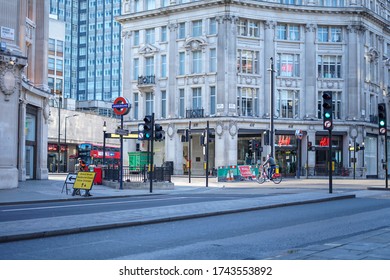 London, UK - April 2020: Famous Oxford Circus Empty And Shops Closed Due To The Covid-19 Lockdown