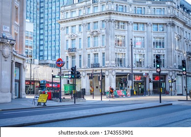 London, UK - April 2020: Famous Oxford Circus Empty And Shops Closed Due To The Covid-19 Lockdown