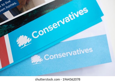 LONDON, UK - April 2021: Conservative Political Party Logo On Campaign Literature