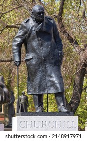 London, UK - April 20th 2022: Statue of former British Prime Minister Sir Winston Churchill, located on Parliament Square in London, UK.