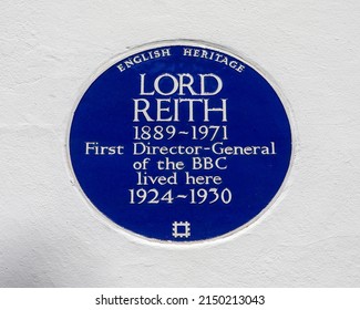 London, UK - April 20th 2022: A blue plaque on Cowley Street in the City of Westminster, London, marking the location where the first Director-General of the BBC once lived.
