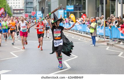 London, UK - April 23, 2017: Happy Marathon Runner Cheering By Public. Charity Money Raise. 
