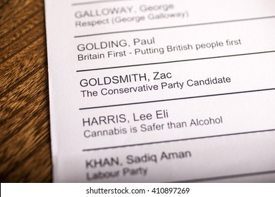 LONDON, UK - APRIL 25TH 2016: Zac Goldsmith On A Ballot Paper For The Mayor Of London Election, Taken On 25th April 2016.  He Is The Conservative Party Candidate For The 2016 London Mayoral Election.