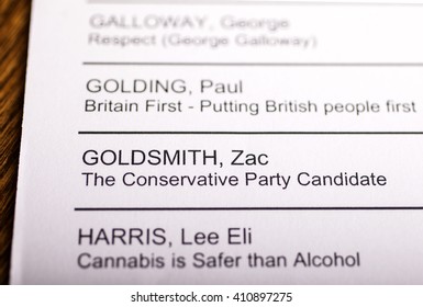 LONDON, UK - APRIL 25TH 2016: Zac Goldsmith On A Ballot Paper For The Mayor Of London Election, Taken On 25th April 2016.  He Is The Conservative Party Candidate For The 2016 London Mayoral Election.