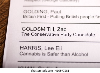 LONDON, UK - APRIL 25TH 2016: Zac Goldsmith On A Ballot Paper For The Mayor Of London Election, Taken On 25th April 2016.  He Is The Conservative Party Candidate For The 2016 London Mayoral Election.