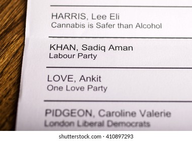 LONDON, UK - APRIL 25TH 2016: Sadiq Khan On A Ballot Paper For The Mayor Of London Election, Taken On 25th April 2016.  Sadiq Khan Is The Labour Party Candidate For The 2016 London Mayoral Election.