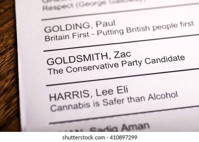 LONDON, UK - APRIL 25TH 2016: Zac Goldsmith On A Ballot Paper For The Mayor Of London Election, Taken On 25th April 2016.  He Is The Conservative Party Candidate For The 2016 London Mayoral Election.