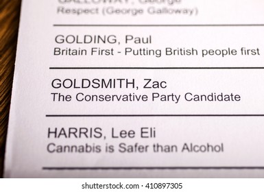 LONDON, UK - APRIL 25TH 2016: Zac Goldsmith On A Ballot Paper For The Mayor Of London Election, Taken On 25th April 2016.  He Is The Conservative Party Candidate For The 2016 London Mayoral Election.