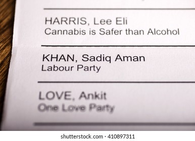 LONDON, UK - APRIL 25TH 2016: Sadiq Khan On A Ballot Paper For The Mayor Of London Election, Taken On 25th April 2016.  Sadiq Khan Is The Labour Party Candidate For The 2016 London Mayoral Election.