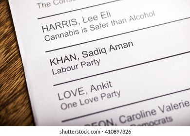 LONDON, UK - APRIL 25TH 2016: Sadiq Khan On A Ballot Paper For The Mayor Of London Election, Taken On 25th April 2016.  Sadiq Khan Is The Labour Party Candidate For The 2016 London Mayoral Election.