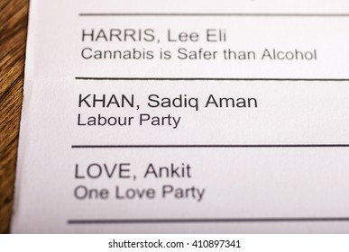 LONDON, UK - APRIL 25TH 2016: Sadiq Khan On A Ballot Paper For The Mayor Of London Election, Taken On 25th April 2016.  Sadiq Khan Is The Labour Party Candidate For The 2016 London Mayoral Election.