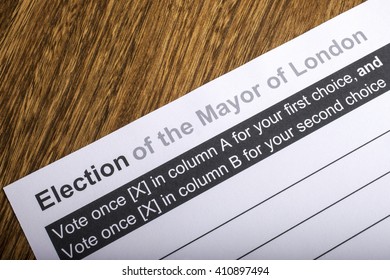 LONDON, UK - APRIL 25TH 2016: A Ballot Paper For Mayor Of London Election, Taken On 25th April 2016.