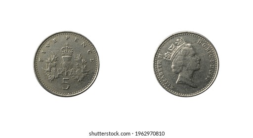 London, UK - April 26, 2021: Five Pence Coin With Third Crowned Portrait Of HM Queen Elizabeth II Right, Wearing The George IV State Diadem And The Badge Of Scotland, 1991 Obverse And Reverse.
