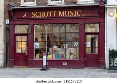 LONDON, UK - APRIL 27, 2022:  Exterior Of Schott Music Shop In  Great Marlborough Street, Mayfair