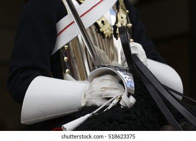 LONDON, UK - April 27,2016:Close up of sword in hand of Trooper of the Blues and Royals on horse at the horse guard parade. Blues and Royals is one of two most senior regiments of the British Army.