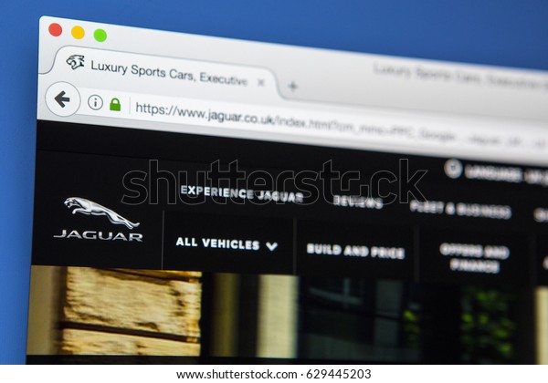 LONDON, UK - APRIL 27TH 2017: The homepage of\
the official website for Jaguar, the luxury vehicle brand of Jaguar\
Land Rover, on 27th April\
2017.