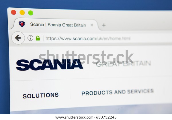 LONDON, UK - APRIL 28TH\
2017: The homepage of the official website for the Scania, the\
Swedish automotive industry manufacturer of commercial vehicles, on\
28th April 2017.