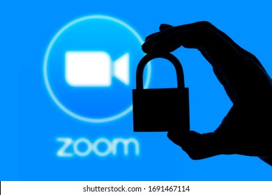 LONDON, UK - April 2nd 2020: Zoom Video Conference App Icon With Silhouette Of A Padlock