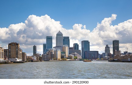 LONDON, UK - APRIL 30, 2015:  Canary Wharf business aria view from the River Thames