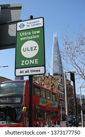 London, UK - April 8 2019: ULEZ (Ultra low emission zone) new charge London Ultra Low Emission Zone (ULEZ) with warning signage in central London. ULEZ is £12.50 stock, photo, photograph, picture,