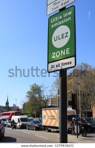 London, UK - April 9 2019: ULEZ (Ultra low emission\
zone) London prepare for Ultra Low Emission Zone (ULEZ) warning\
sign signage central London. also congestion charge, ULEZ £12.50 fr\
8th april TFL