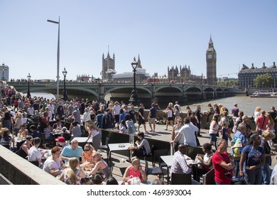 LONDON, UK - AUG 12, 2016. Very Busy London South Bank With Big Ben And Westminster Bridge In Background