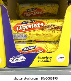 London, UK: August 12, 2017: McVite’s Banoffee Caramel Digestive Biscuits For Sale On A Supermarket Shelf. McVite’s Are A World Leading Brand Who Continually Try New Products.