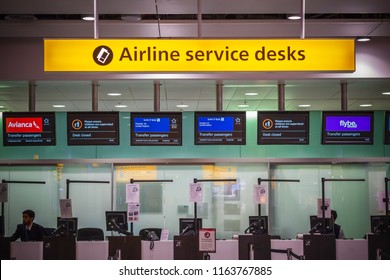 London, UK - August 12, 2018 - Airline Services Desks For Transfer Passengers At London Heathrow Airport