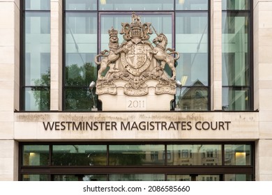 London, UK - August 12 2021: The Royal Coat Of Arms Above The Entrance To Westminster Magistrates' Court In Central London.