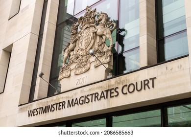 London, UK - August 12 2021: The Royal Coat Of Arms Above The Entrance To Westminster Magistrates' Court In Central London.