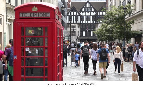 LONDON, UK - AUGUST 13, 2018: Red Phone Booth In Carnaby District Of London