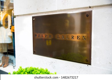 London, UK - August 13, 2019: Logo Of The Ralph Lauren Brand On The Old Bond Street. Old Bond Street In Mayfair Is Home For World Famous Luxury Fashion Brands, Art And Jewel.