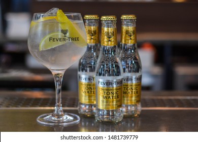 London, UK, August 15, 2019: Fever Tree Tonic Water On The Bar 