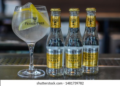 London, UK, August 15, 2019: Fever Tree Tonic Water On The Bar 