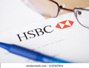 LONDON, UK - AUGUST 18, 2018: HSBC Bank Statement With Logo And Glasses.