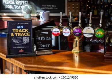 London, UK - August 18th 2020: An NHS Track And Trace Sign On The Bar In A Pub In Central London, UK.