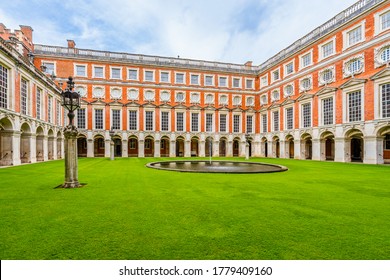 London, UK - August 2019: Hampton Court Palace Interior Yard In  In The Borough Of Richmond Upon Thames, A Favourite Of King Henry VIII