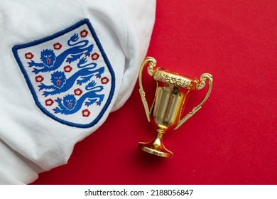 LONDON, UK - August 2022: Three Lions National Emblem Badge On An England Football Team Shirt