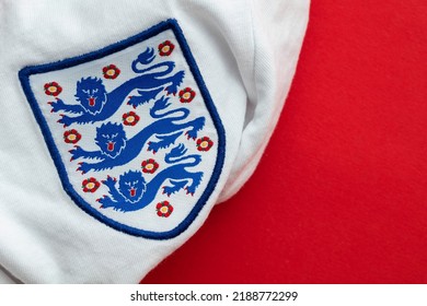 LONDON, UK - August 2022: Three Lions National Emblem Badge On An England Football Team Shirt