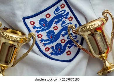 LONDON, UK - August 2022: Three Lions National Emblem Badge On An England Football Team Shirt