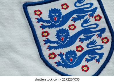 LONDON, UK - August 2022: Three Lions National Emblem Badge On An England Football Team Shirt