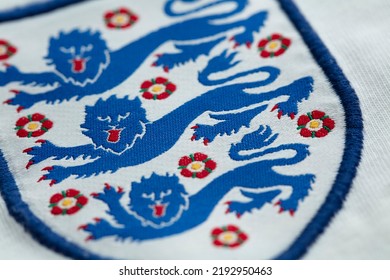 LONDON, UK - August 2022: Three Lions National Emblem Badge On An England Football Team Shirt