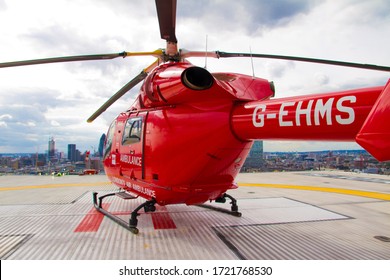 London, UK - August 23 2012: London Air Ambulance on the helipad of The Royal London Hospital
