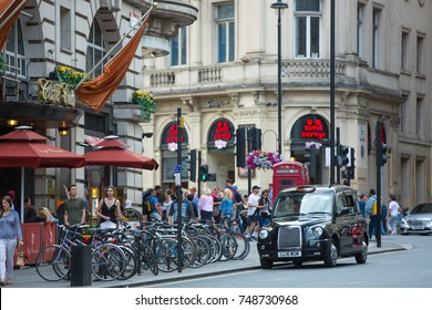 London, UK - August 24, 2016: Haymarket Street View With Taxi Parked On The Side. 