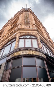 London, UK - August 24, 2022: Exterior Signage On London's Famous Harrod's Shopping Experience.