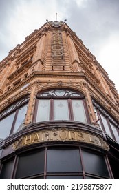 London, UK - August 24, 2022: Exterior Signage On London's Famous Harrod's Shopping Experience.